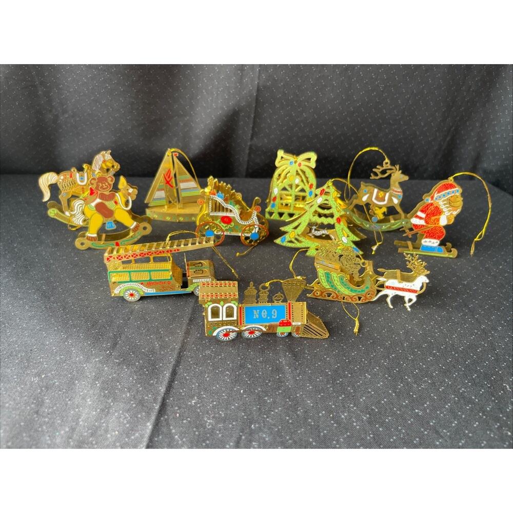 Vintage Goldtone Laser Cut Brass Metal Christmas Ornament Lot Horse Fire Truck